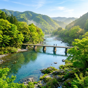 Two hikers walking across a narrow bridge over a clear mountain river with green trees and hills in the background