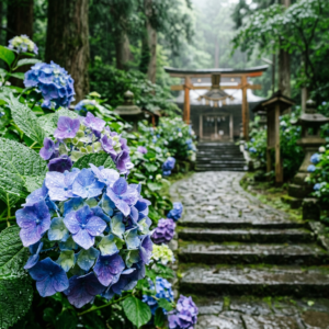 Blue and purple hydrangea flowers with raindrops near a stone path and torii gate at a Japanese shrine